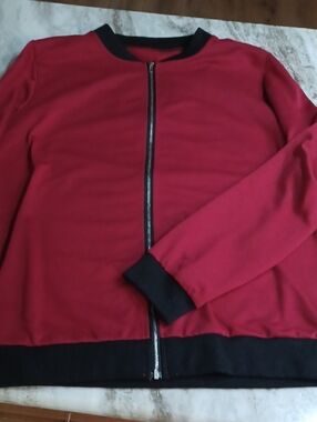 Red Zip-Up Bomber Jacket with Black Trim